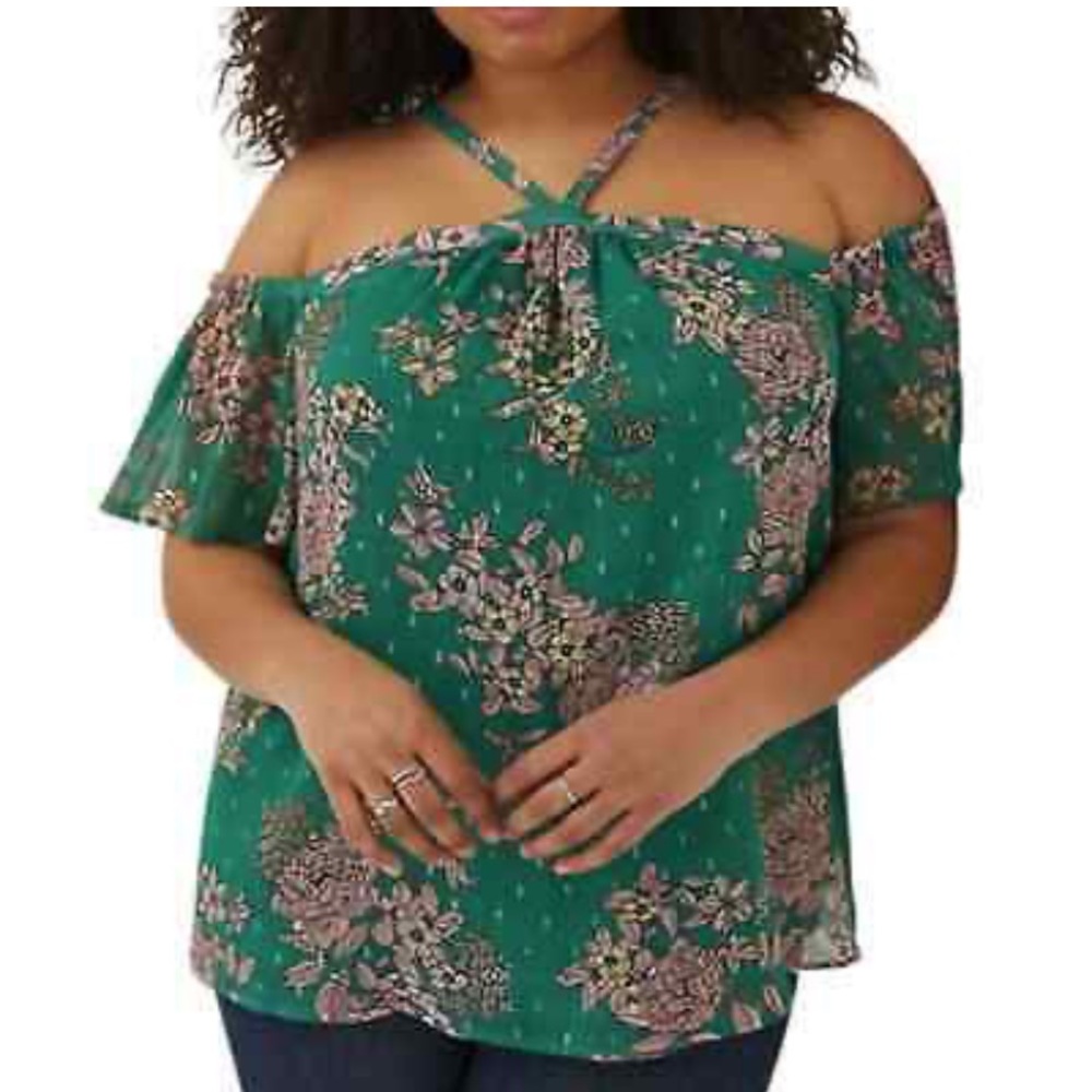 Torrid Kelly Green Floral Cold Shoulder Sparkle Blouse Top Size 2